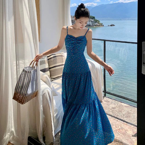 Fashion women's wear off-Shoulder Spaghetti Straps Dress Women's Summer Sanya Seaside Holiday Beach Skirt Floral Backless Waist Trimming Ankle-Length Dress