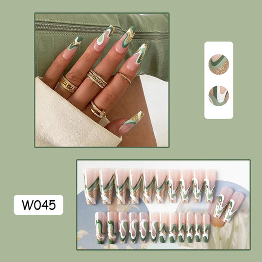白绿金闪穿戴甲法式nails 跨境美甲片外贸假指甲棺材甲型美甲贴片