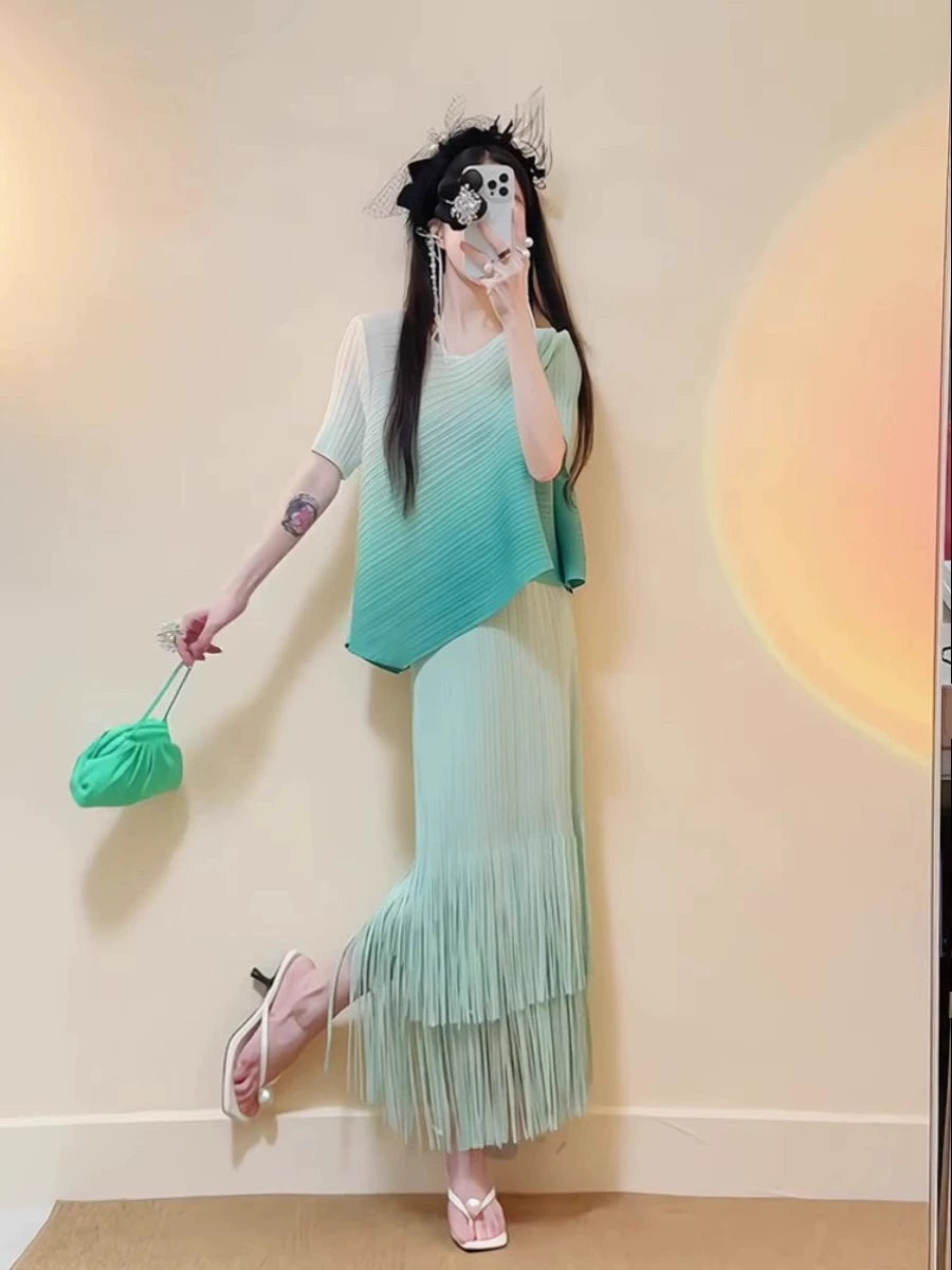 Dopamine dress Free shipping Tattoo summer dopamine wear beautiful fashion temperament socialite mint green gradual change top can be salt can be sweet suit skirt