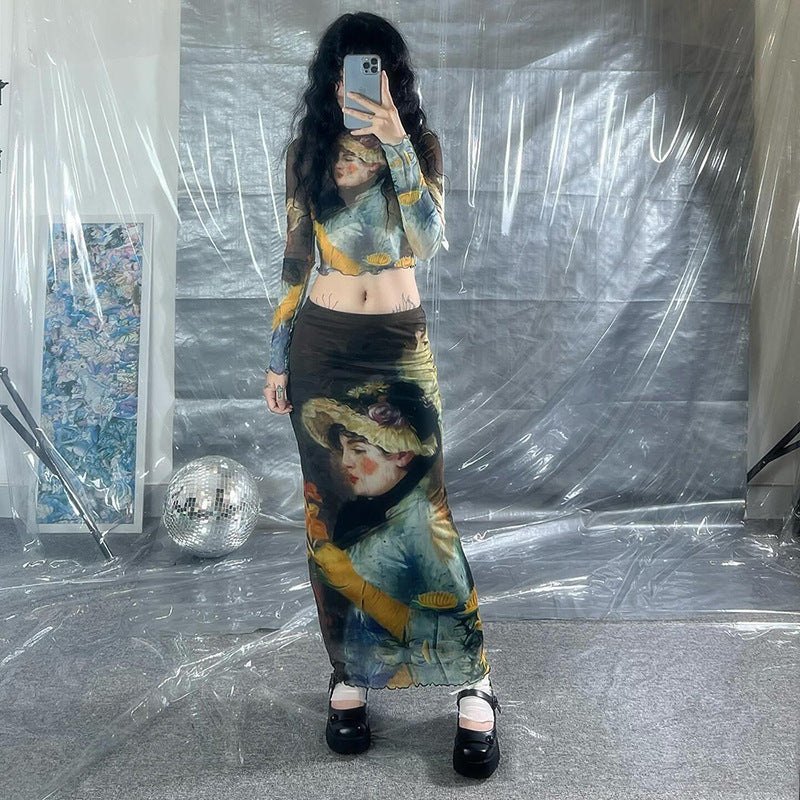 Fashion women's wear Q23tp663 American Fashion Girl Print Design Transparent Long Sleeves Cropped Top Long Skirt Women's Suit