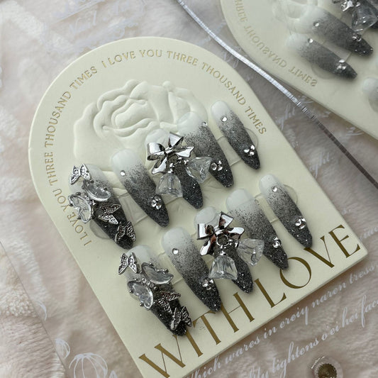 (reusable nail)【 Pure Handmade Real Shot 】 New Jumping Snowflake Gradient Grey Velvet Butterfly Broken Diamond Advanced Nail Long Style