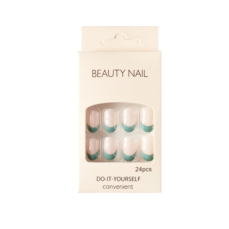 湖蓝穿戴甲法式边美甲圆头假指甲nails 美甲贴片跨境指甲贴片甲片