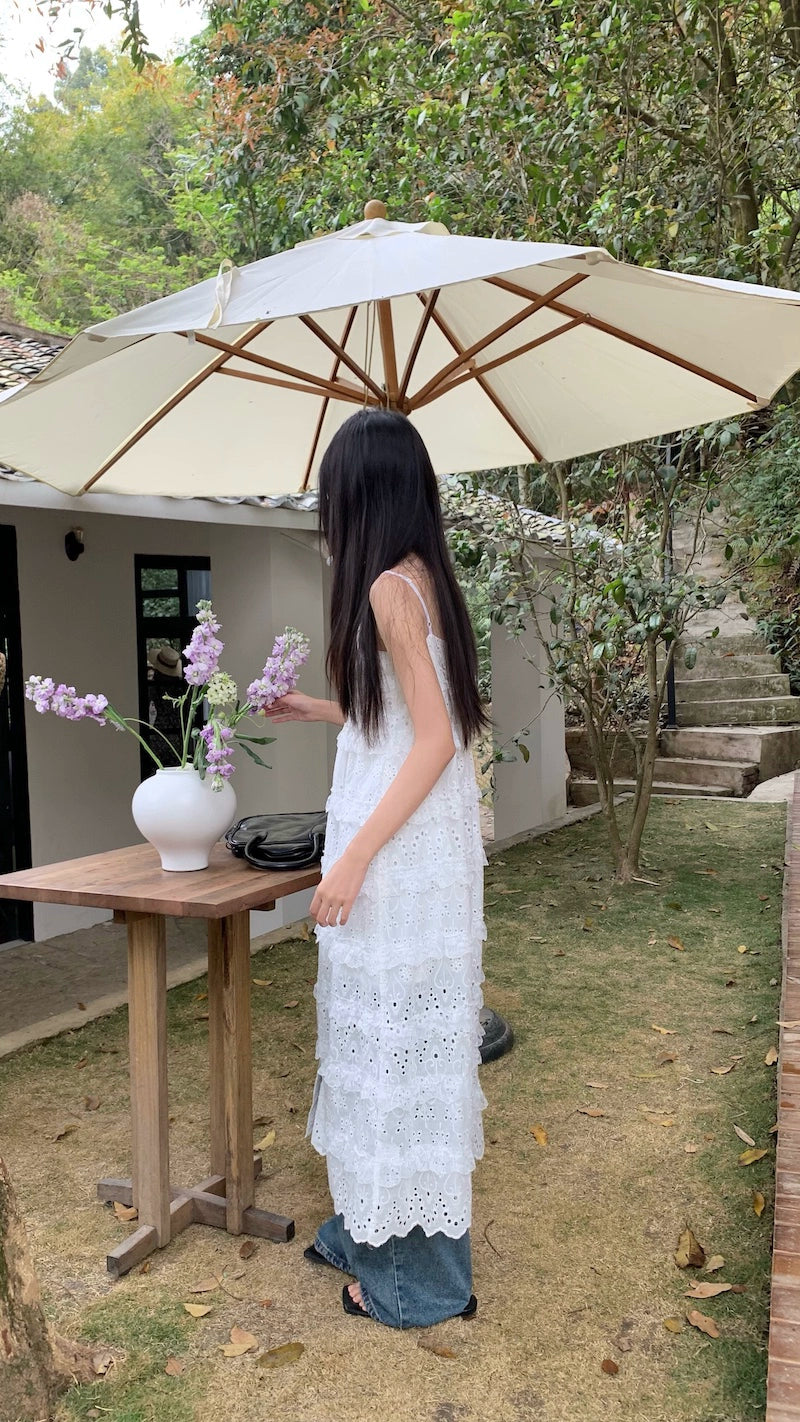 Fashion women's wear Fashionable Embroidery Hollow out Sweet Spaghetti-Strap Dress Women's Clothing Spring 2024 New Mid-Length Waist Split Skirt