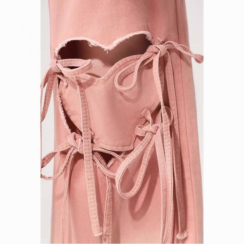 Dopamine pants Free shipping Tattoo Dopamine wears pink ripped jeans for women's summer thin new design loose and thin wide-leg pants