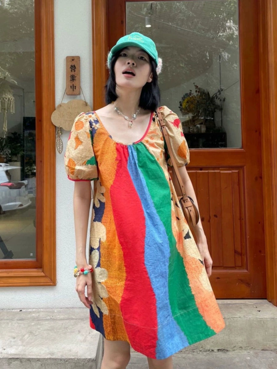 Dopamine dress Free shipping Tattoo Large Size Women's French Rainbow Stripe Dress Summer Fat MM Loose 150kg Skinny Dopamine Doll Dress