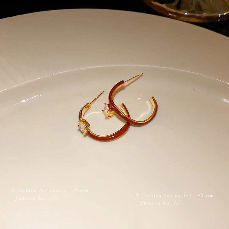 红色系真金电镀爱心豆豆耳环秋冬百搭高级感耳钉小众轻奢耳饰批发