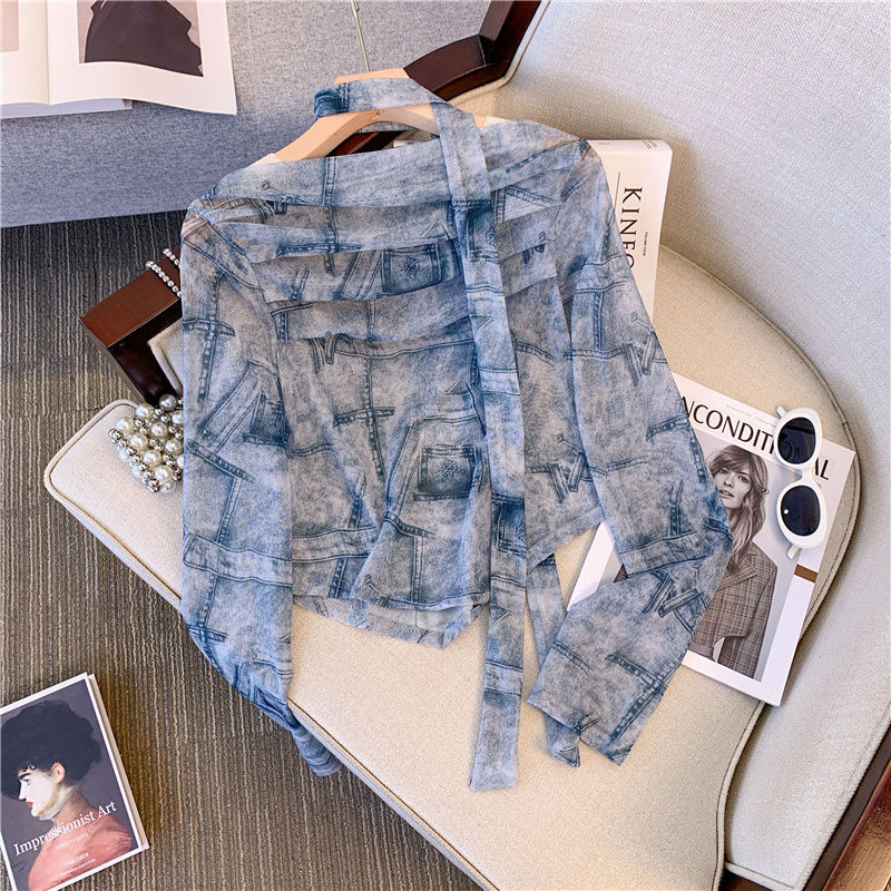 Dopamine tops Free shipping Tattoo Vintage tie-dye sweet and cool Spice Girl style shoulder T-shirt women's autumn new fashion pleated irregular long-sleeved top