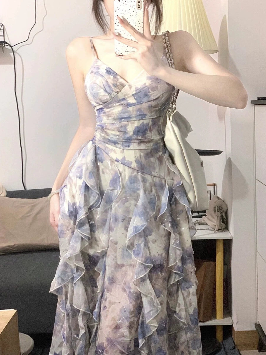 Fashion women's wear Floral Dress Women's Summer French Style High Sense Temperament Long Dress Tight Waist Seaside Vacation Small Suspender Dress
