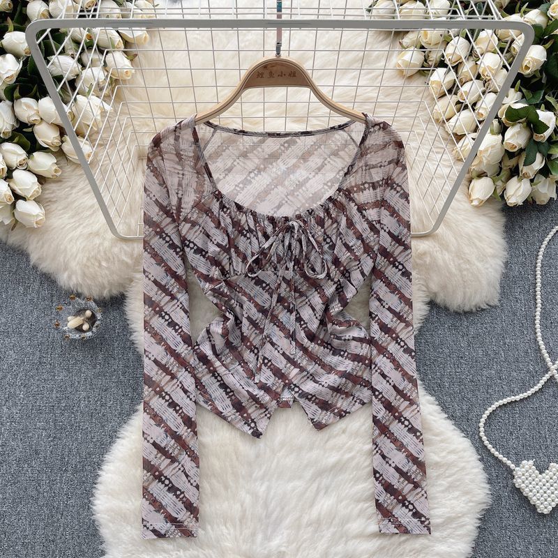 Dopamine tops Free shipping Tattoo Sweet and cool Spice Girl Style Tulle Floral Shirt Women's Autumn Strap Exposed Navel Design Sense Skinny Unique Pure Desire Top Trend