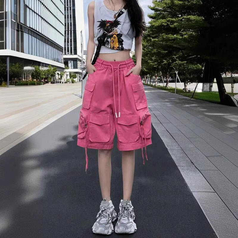 Dopamine pants Free shipping Tattoo Clearance tail goods~ Counter label cutting dopamine candy color tooling shorts women's summer high waist big pocket five-point pants