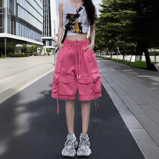 Dopamine pants Free shipping Tattoo Clearance tail goods~ Counter label cutting dopamine candy color tooling shorts women's summer high waist big pocket five-point pants