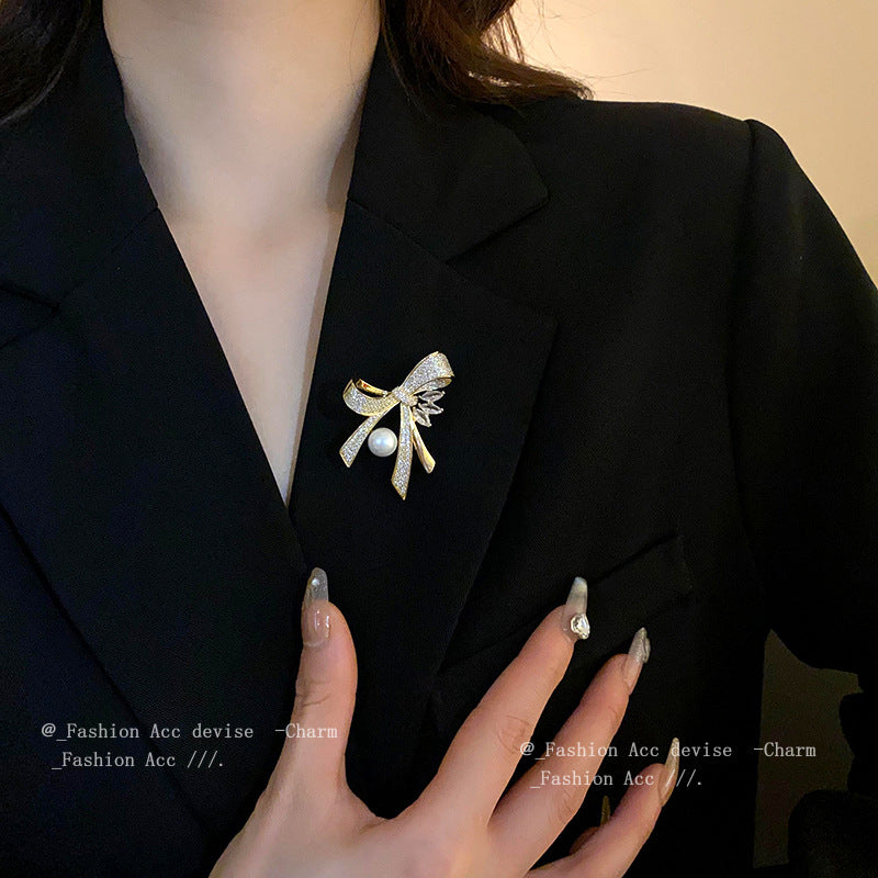 配饰胸针真金电镀锆石珍珠蝴蝶结胸针小众甜美高级感胸花高端西装饰品批发