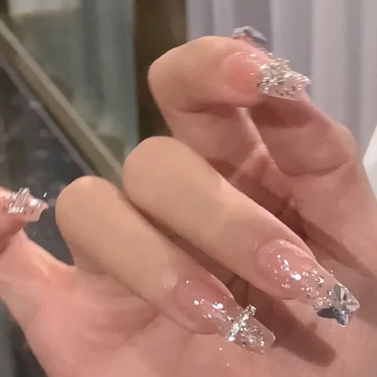 仙气水晶蝴蝶链条美甲成品甲片美甲假指甲片指甲贴片可穿戴美甲片