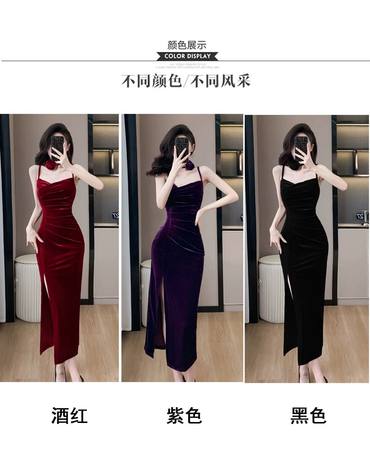 Fashion women's wear French Style Adult Lady like Woman Pleuche Spaghetti-Strap Dress Women's High-Grade Red Evening Dress 2024 Spring Women's Clothes Long Dress