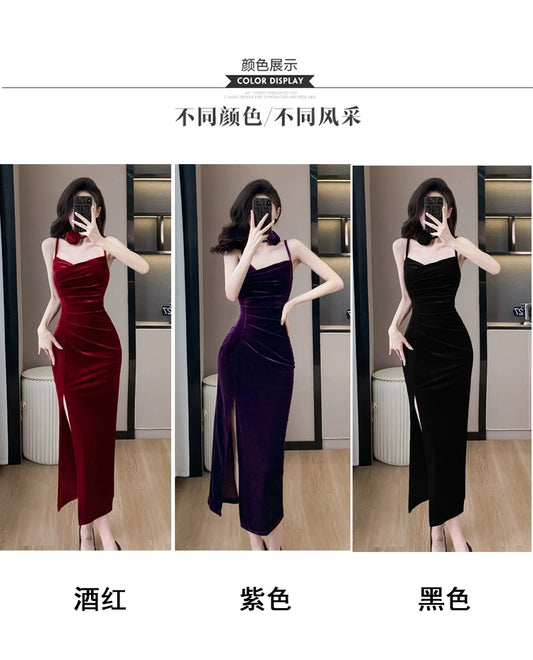 Fashion women's wear French Style Adult Lady like Woman Pleuche Spaghetti-Strap Dress Women's High-Grade Red Evening Dress 2024 Spring Women's Clothes Long Dress