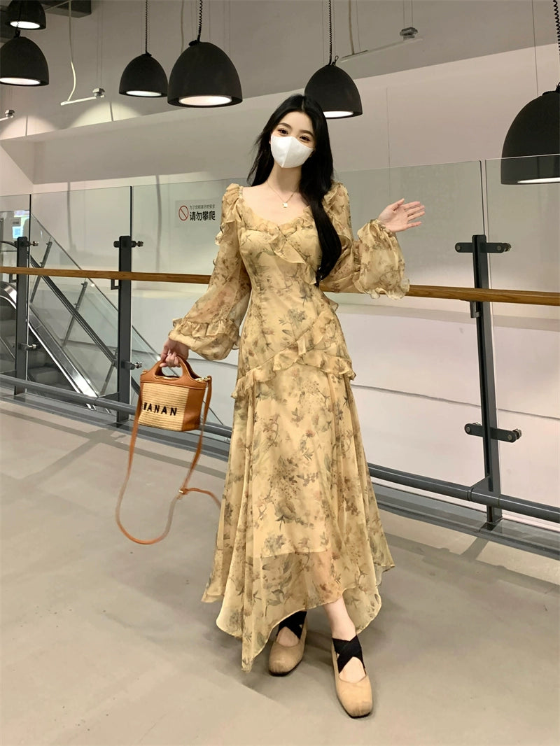 Fashion women's wear French Style Beautiful Yellow Floral Dress Spring plus Size Plump Girls Slimming Fairy Long Dress Style Skirt