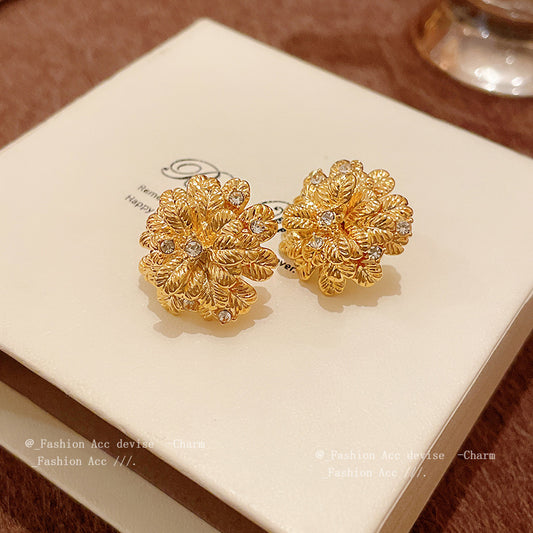 真金电镀银针镶钻花朵耳环中古小众高级感耳钉时尚设计感耳饰批发