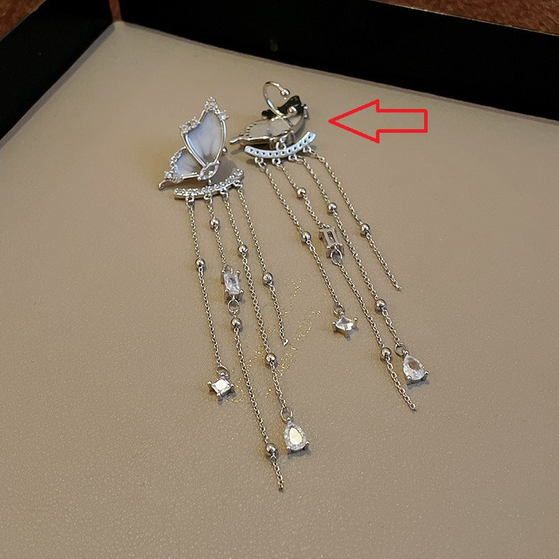 银针锆石蝴蝶翅膀流苏耳环时尚甜美气质耳钉小众设计感耳饰批发