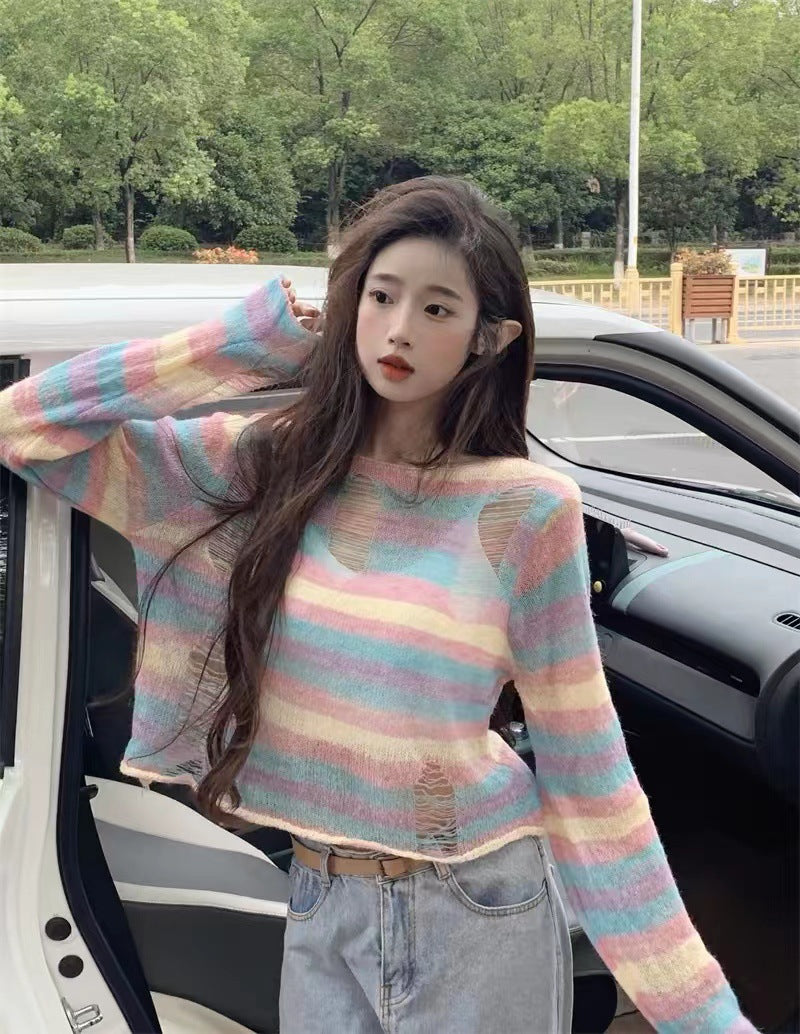 Dopamine tops Free shipping Tattoo Dopamine suction rainbow striped long-sleeved t-shirt women's early spring niche ripped design knitted sweater short top
