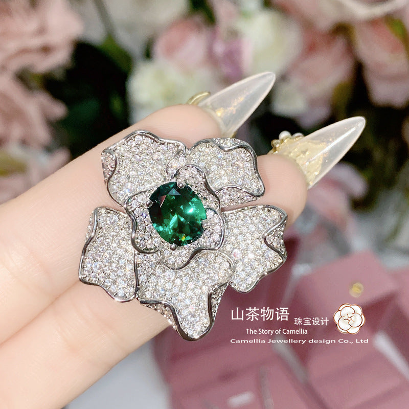 Camellia嘉柏俪祖母绿蝴蝶套装 镀金微镶琉璃绿尖晶树叶锆石戒指