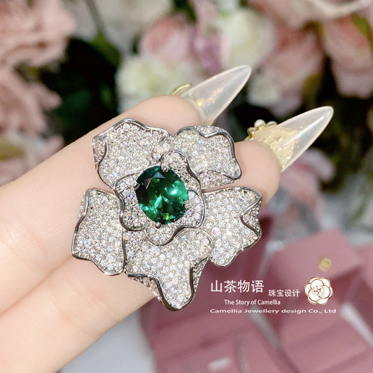 Camellia嘉柏俪祖母绿蝴蝶套装 镀金微镶琉璃绿尖晶树叶锆石戒指