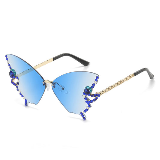 Women's fashion glasses 跨境2023新款蝴蝶形状镶钻无框太阳镜女时尚个性夸张墨镜欧美网红