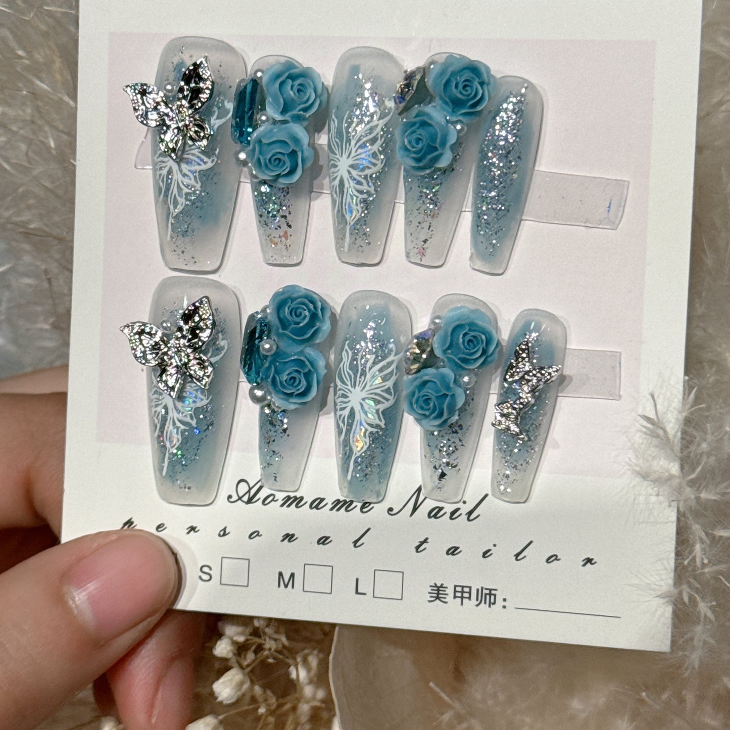 Hand-Worn Armor Orchid Butterfly Cold Lake Water Blue Rose Repeated Disassembly Nail Beauty Nail Patch