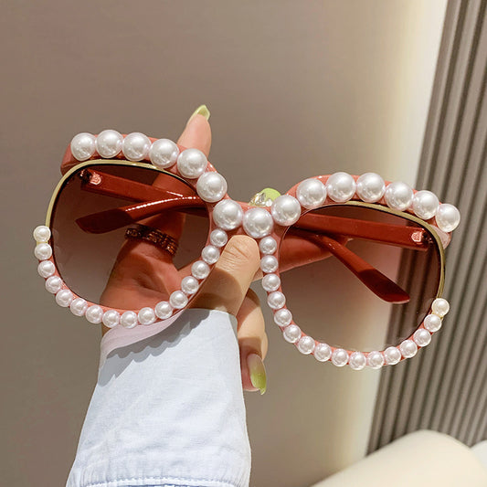 Women's fashion glasses 欧美跨境2023新款镶珍珠无框太阳镜女时尚个性夸张影楼拍照墨镜