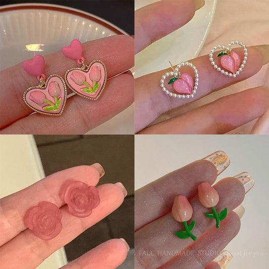 银针粉色系水蜜桃爱心耳环小清新郁金香花朵耳钉小众设计感耳饰女