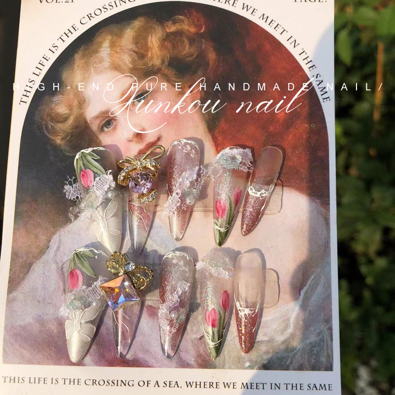 (Hand-Made Nail) Purple White Heavy Industry Secret Garden Flash Pink Diamond Pearl Sequins Hand-Worn Nail Beauty Ins Style Disassembly