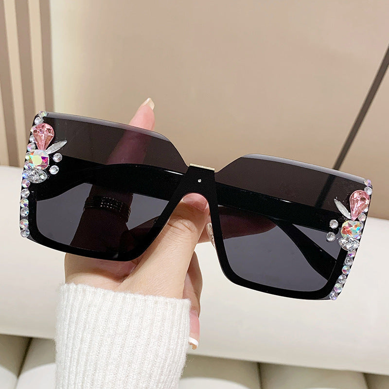 Women's fashion glasses 新款欧美半框闪耀水钻时尚连体太阳镜素颜女式墨镜简约潮流太阳镜