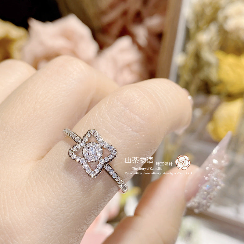 Camellia小红书新品爆款戒指梅花 镀金满钻开口情侣玫瑰轻奢指环