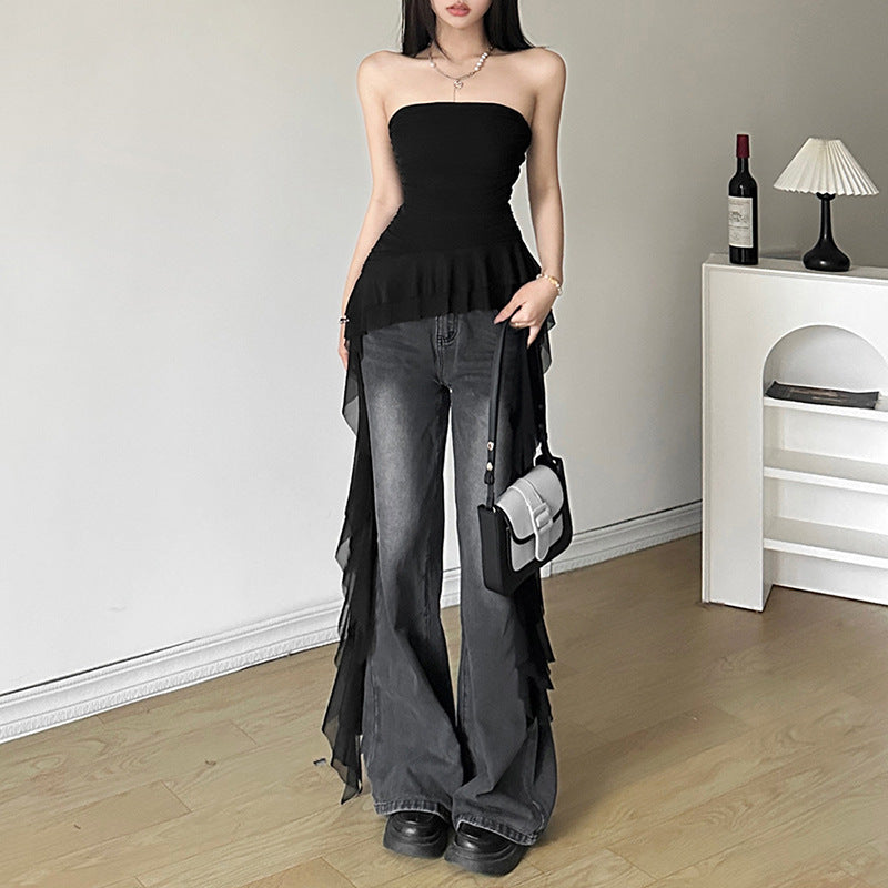 Free shipping Tattoo Cross-border 2024 European and American style spring new women's clothing solid color slim-fit street fashion one-word neck sleeveless pleated top tops