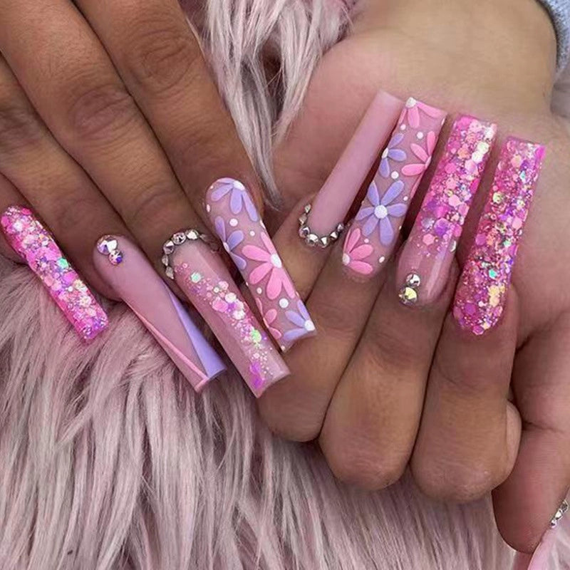 (Hand made nail) European and American Spicy Girl Super Long Instagram Dark Small Stand Retro Trapezoidal Shining Diamond Beauty False Nail Patch Detachable Wearable Nail