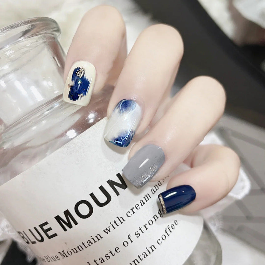Fashion  nail Pure Desire Fake Nail Patch Blue Marbling Finished Nail Beauty False Nails Removable Nail Tip Wear Nail X105