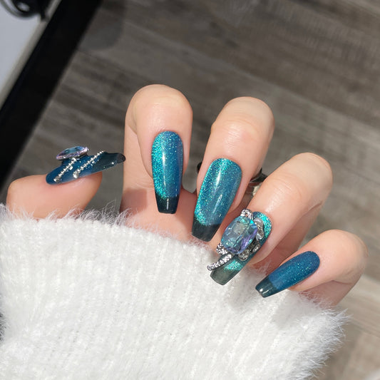 (reusable nail)"Hand-made real shot" blue mine cat's eye hand-worn nail stickers long white advanced detachable.