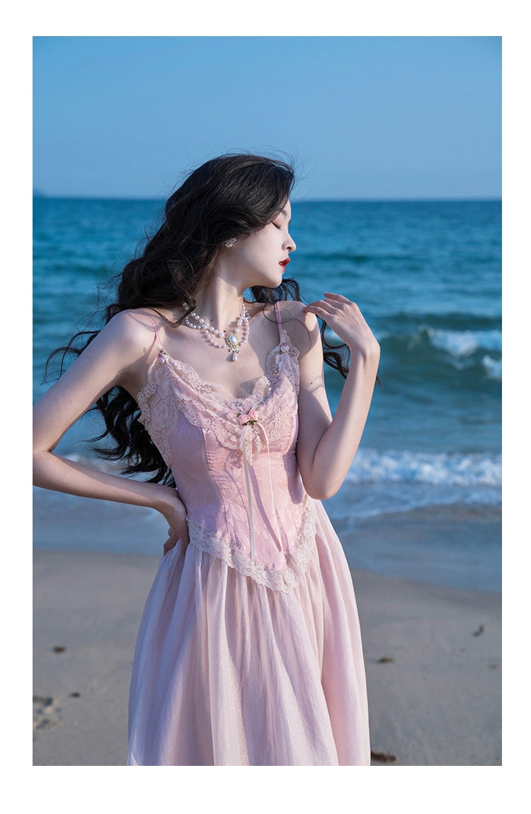 Fashion women's wear French Fried Street Tea Break Milk Sweet Escape Princess Dress Sweet Salt Pink Roses Pure Desire Beautiful Sling Dress