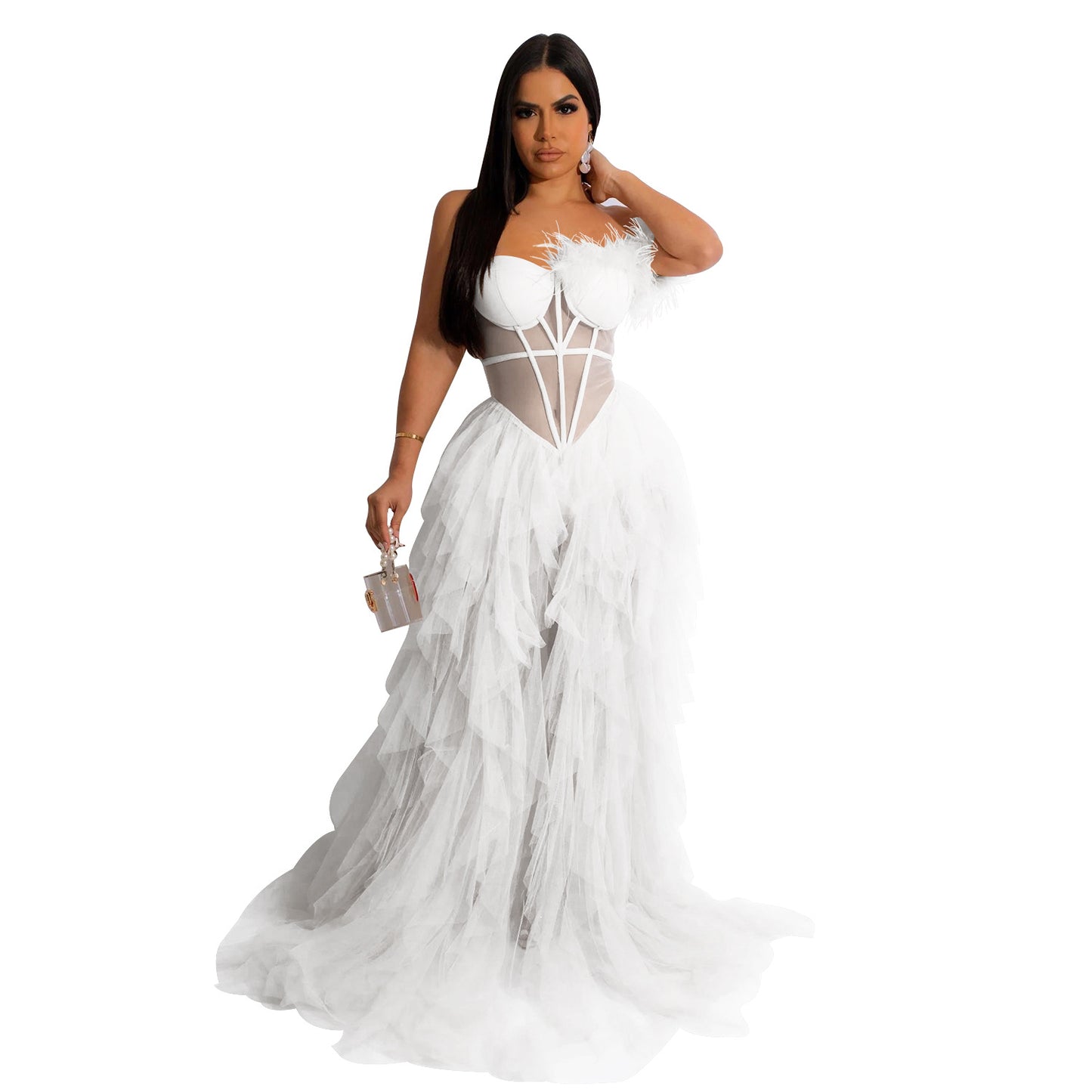 Fashion women's wear X6223 Cross-Border  Fashion Women's Wear Solid Color Sleeveless Chest Wrap Mesh Long Dress Dress