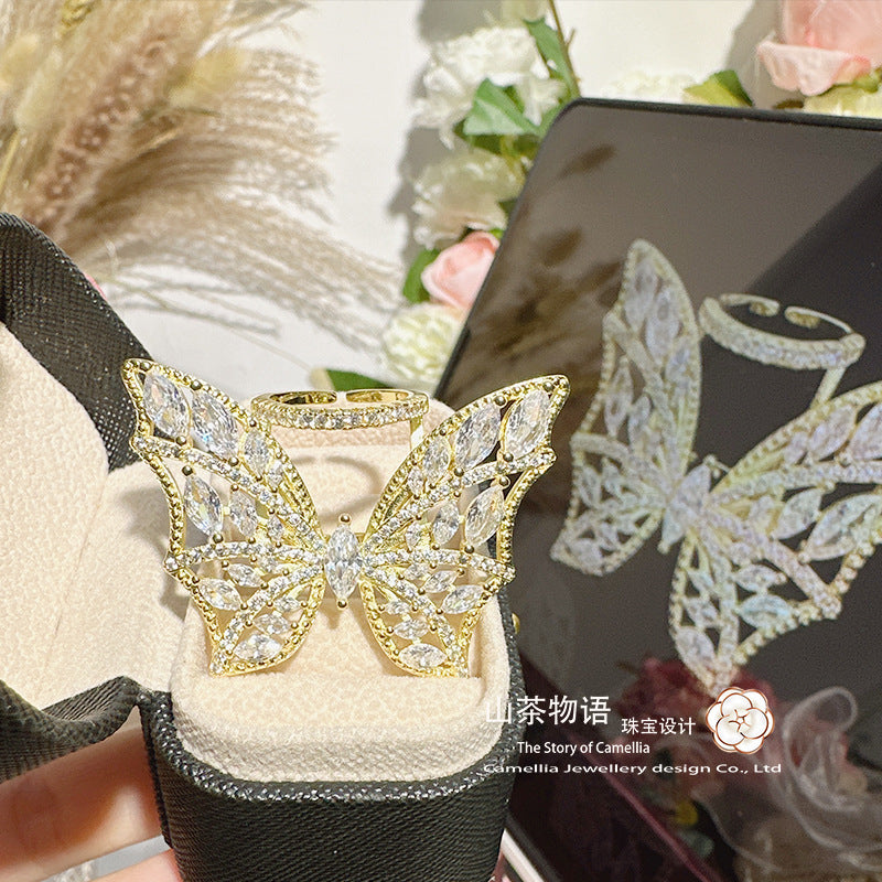 配饰戒指Camellia璀璨发光翅膀宝石戒指 镀18K金浪漫锆石满钻蝴蝶指环可调