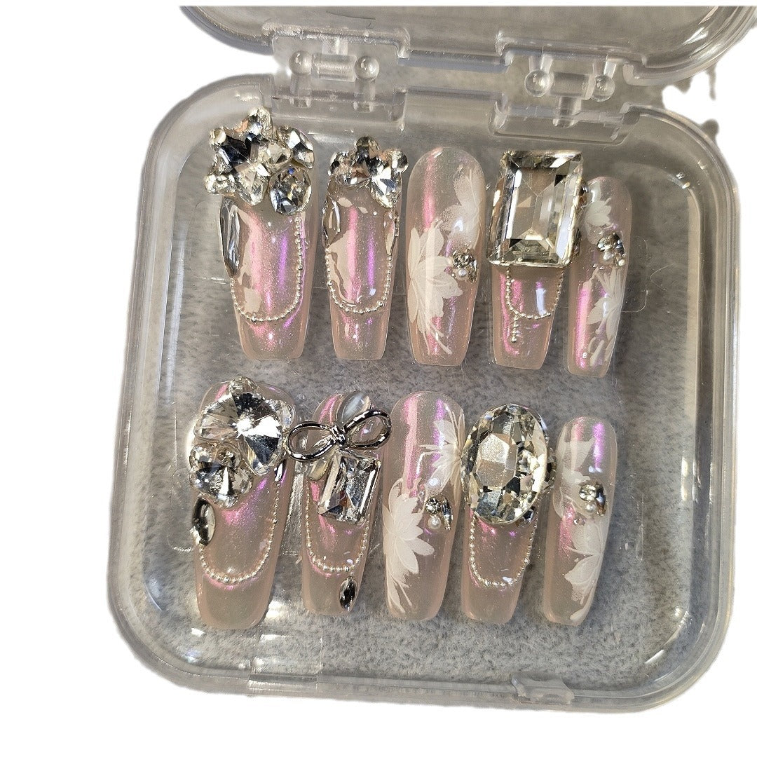 (Hand-Made Nail) Red-Letter Day Set Manicure [Real Shot] Handmade Wear Nail Pink Magic Mirror Heavy Industry Full Diamond Flash Nail Sticker 011