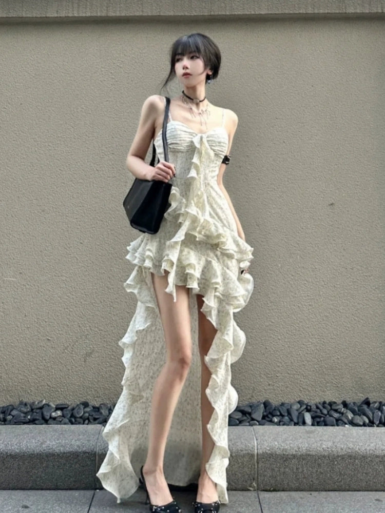 Fashion women's wear French Hot Girl Ruffled Spaghetti Straps Dress Women's Pure Desire Style Summer New Irregular High-Grade Temperament Long
