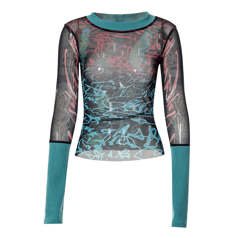 Fashion women's wear Q22tp540 Autumn New 2024 round Neck Pullover Long Sleeve Mesh Printed Casual  Women's Clothing Top T-shirt