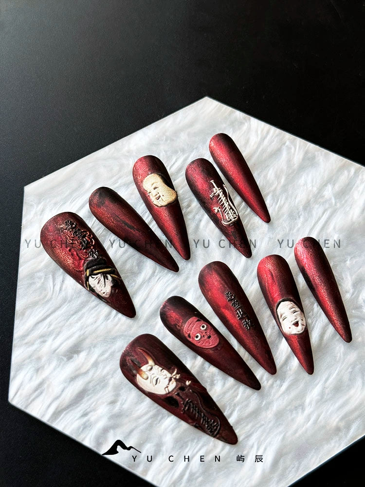(Hand made nail) Yu Chen Original | Divine Ghost Chaos Power Dark Nail Wearing Collection Waste Soil Wind Red Matte Handmade Original Design