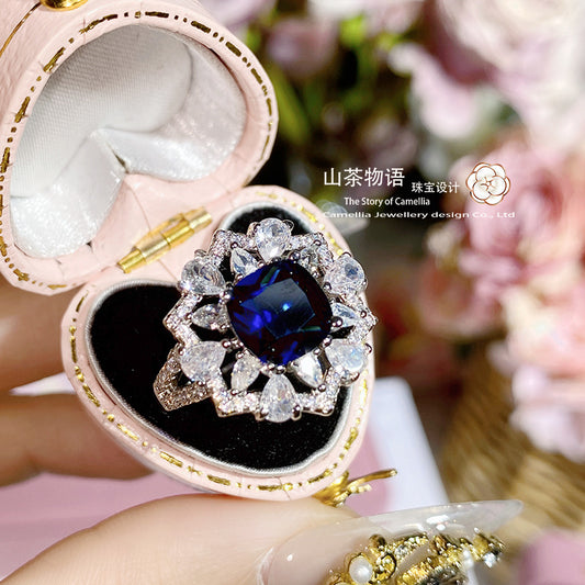 Camellia直播同款彩宝戒指 镀金微镶满钻红蓝刚玉绿尖晶复古指环