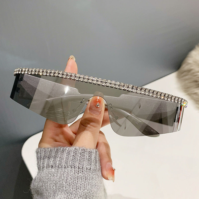 Women's fashion glasses 2023跨境爆款一体太阳镜 欧美个性镶钻连体骑行眼镜 嘻哈运动墨镜