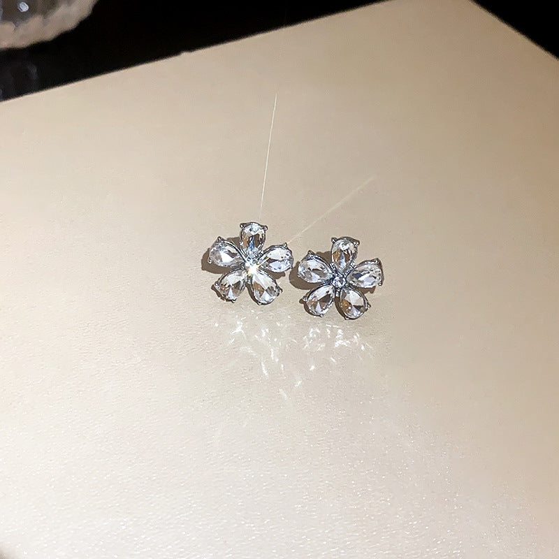 银针时尚气质镶钻花朵耳环欧美小众设计感耳钉个性冷淡风耳饰批发