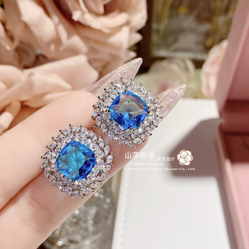 Camellia珠宝复古时尚高碳钻套装 镀金奢华方块浅海蓝戒指吊坠女