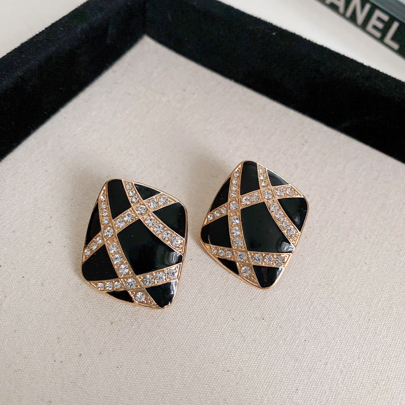 中古vintage耳环 925银针黑色复古轻奢耳钉女气质设计感耳饰批发