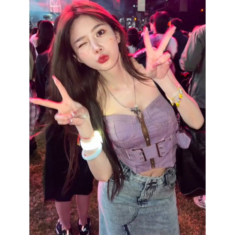 Dopamine tops Free shipping Tattoo Dopamine Spice Girl retro denim tube top women's summer new niche sexy and thin outer garter top