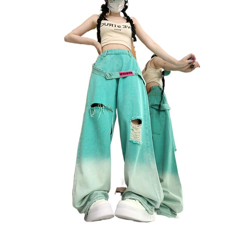Dopamine pants Free shipping Tattoo Gradual change color ripped dopamine wear jeans women's summer new high waist thin loose meat wide leg pants tide